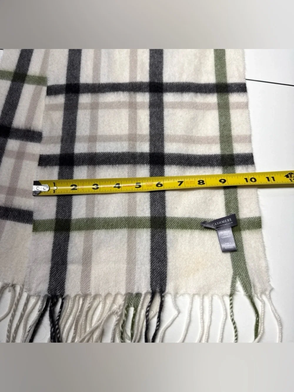 Charter Club Men’s Scarf Nova Check 100% Cashmere Cream Gray Green Preppy 10x62